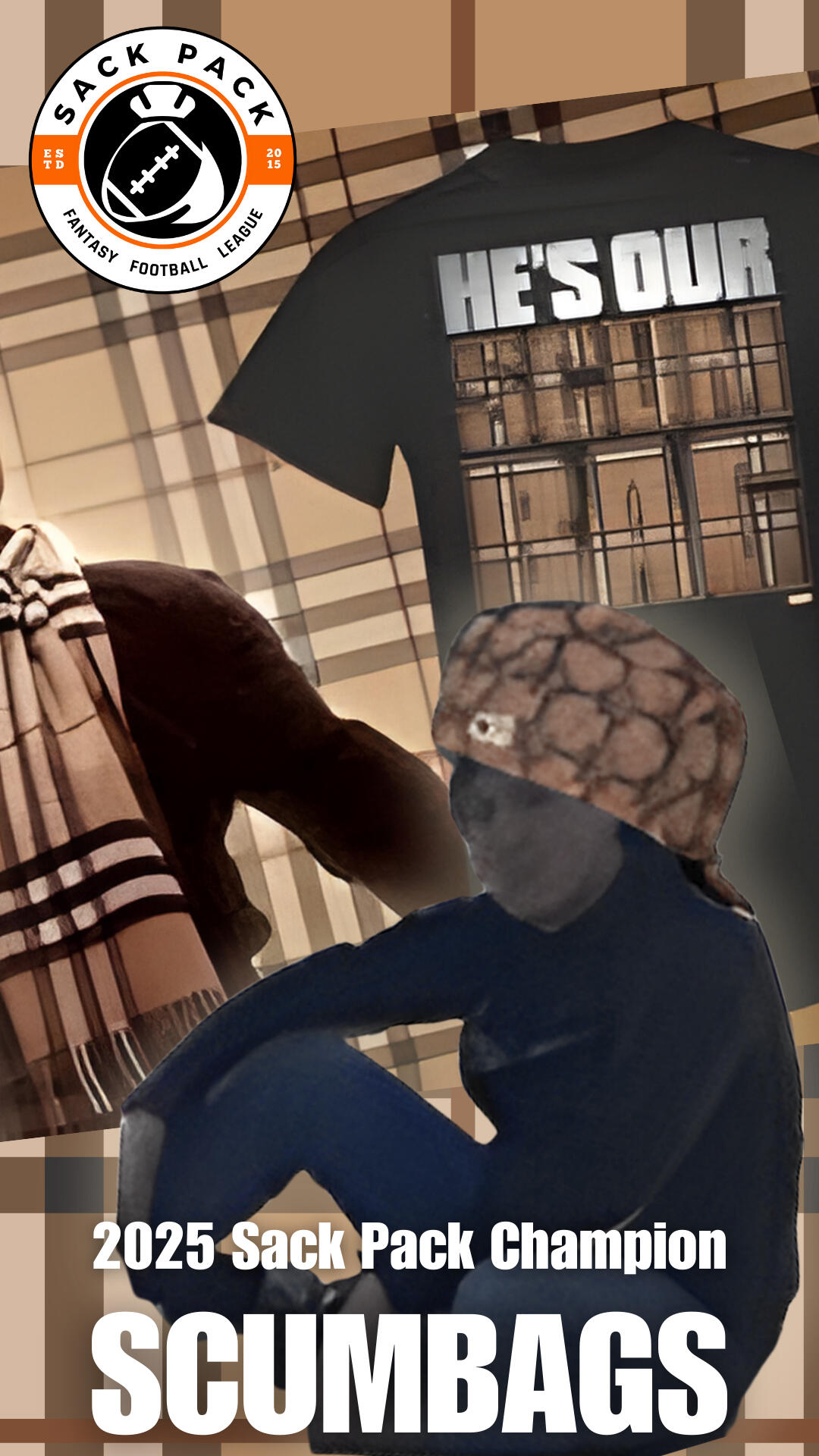 various images showing the Sack Pack Fantasy Football League Champion for 2025, Scumbags